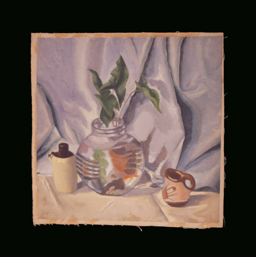 Still life painting of fishbowl on table