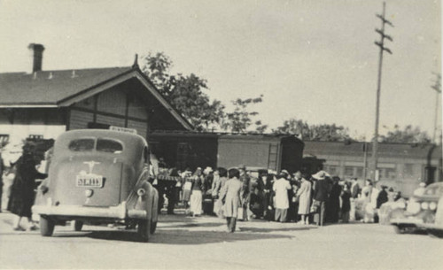 Japanese Americans gather at the Elk Grove train station