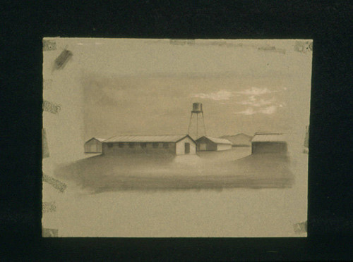 Charcoal sketch of Poston Relocation Center barracks and water tower