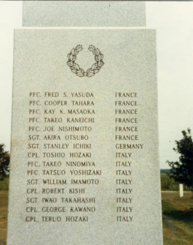 Monument at Rohwer memorial cemetery showing names of Japanese Americans soldiers who died during WWII