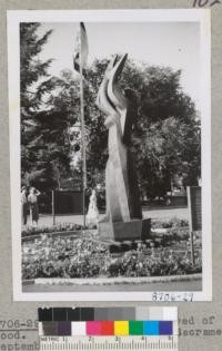 Bufano Statue carved of redwood. State Fair Grounds, Sacramento. September 1955. Metcalf
