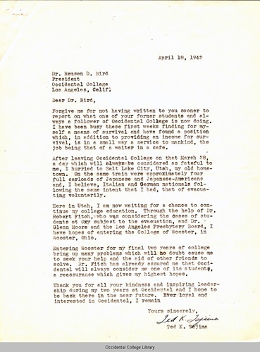 Letter from Ted Tajima to Remsen Bird, April 18, 1942