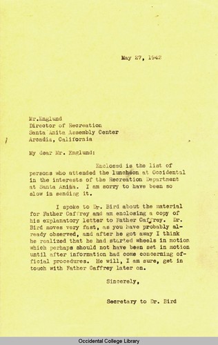 Letter from [Olive Hutchison] Secretary to Dr. Bird, to Mr. Englund, Director of Recreation, Santa Anita Assembly Center, May 27, 1942