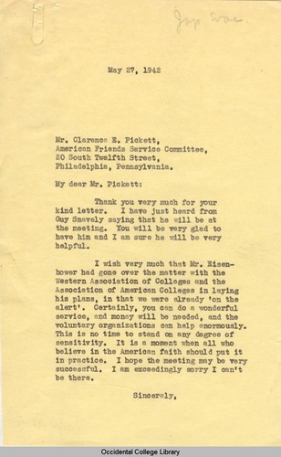 Letter from Remsen Bird to Clarence E. Pickett, Executive Secretary, American Friends Service Committee, May 27, 1942