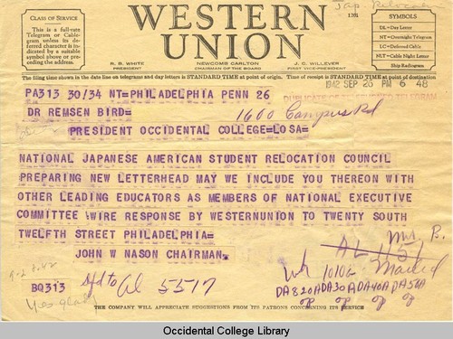 Telegram from John W. Nason, Chairman, National Japanese American Student Relocation Council, to Remsen Bird, September 26, 1942