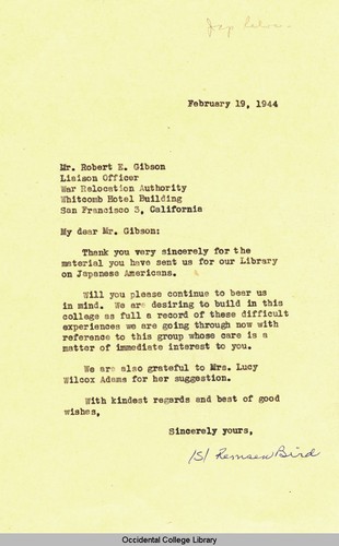 Letter from Remsen Bird to Robert E. Gibson, Liaison Officer, War Relocation Authority, February 19, 1944