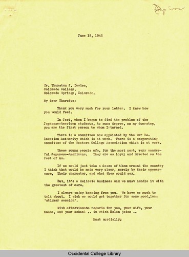 Letter from Remsen Bird to Thurston Davies, President, Colorado College, June 19, 1942