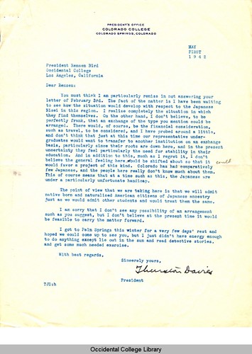 Letter from Thurston Davies, President, Colorado College, to Remsen Bird, May 1,1942