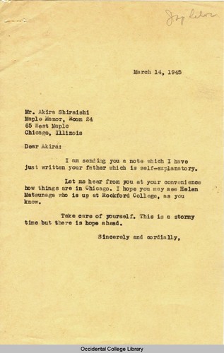 Letter from Remsen Bird to Akira Shiraishi, March 14, 1945