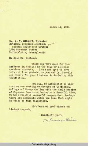 Letter from Remsen Bird to C.V. Hibbard, Director, National Japanese American Student Relocation Council, March 14, 1944