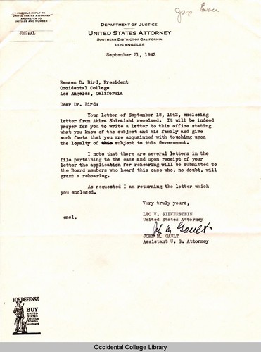 Letter from John. M. Gault, Assistant U.S. Attorney, Department of Justice, to Remsen Bird, September 21, 1942