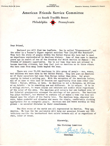 Letter from Eleanor Clarke, American Friends Service Committee, to "Dear Friend"