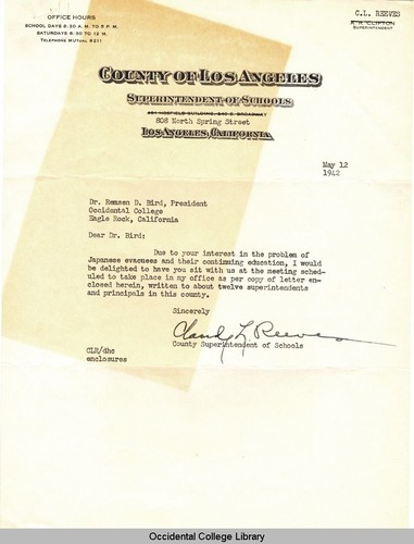 Letter from C.L. Reeves, Superintendent of Schools, County of Los Angeles, to Remsen Bird, May 12, 1942
