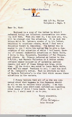 Letter from Lois Crozier to Remsen Bird, September 5, [1942]