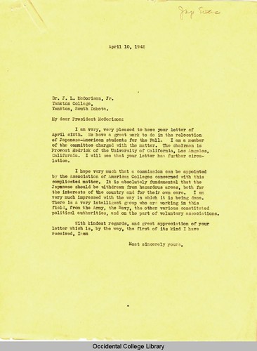 Letter from Remsen Bird to J. L. McCorison, Jr., President, Yankton College, April 10, 1942