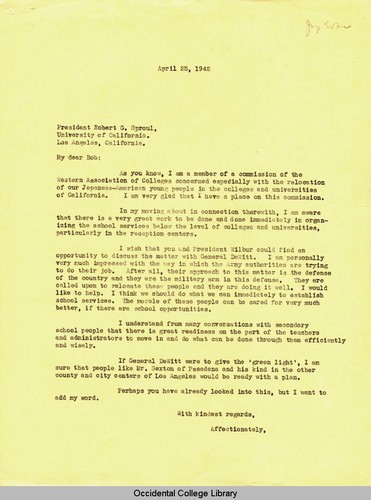 Letter from Remsen Bird to Robert G. Sproul, President, University of California, April 25, 1942