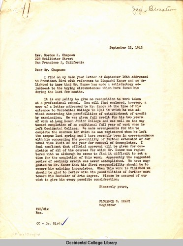 Letter from Florence Brady, Registrar, Occidental College, to Gordon K. Chapman, Field Representative for Japanese Work, Board of National Missions of the Presbyterian Church, September 22, 1943