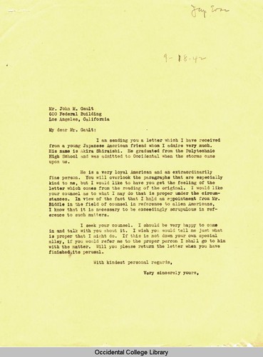 Letter from Remsen Bird to John M. Gault, Assistant U.S. Attorney, Department of Justice, September 18, 1942