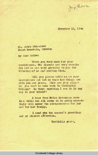 Letter from Remsen Bird to Akira Shiraishi, December 13, 1944