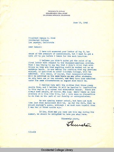 Letter from Thurston Davies, President, Colorado College, to Remsen Bird, June 15,1942