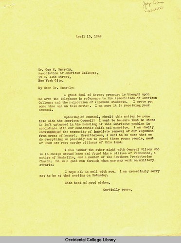 Letter from Remsen Bird to Guy Snavely, Executive Director, Association of American Colleges, April 15, 1942