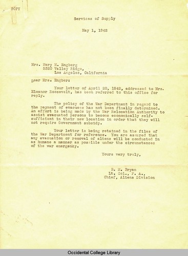 Letter from B. M. Bryan, Lt. Col., FA, Chief, Aliens Division, to Mary M. Engberg, May 1, 1942