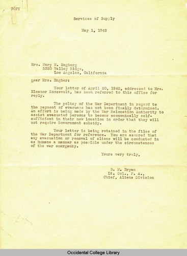 Letter from B. M. Bryan, Lt. Col., FA, Chief, Aliens