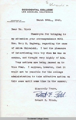 Letter from Robert E. Fitch, Associate Professor of Philosophy and Religion, Occidental College, to Remsen Bird, March 30, 1942