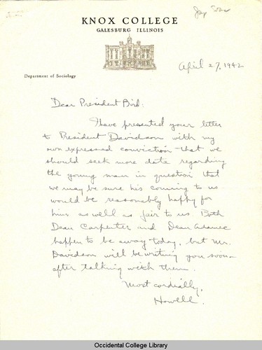 Letter from J. Howell Atwood, Knox College, to Remsen Bird, April 27, 1942