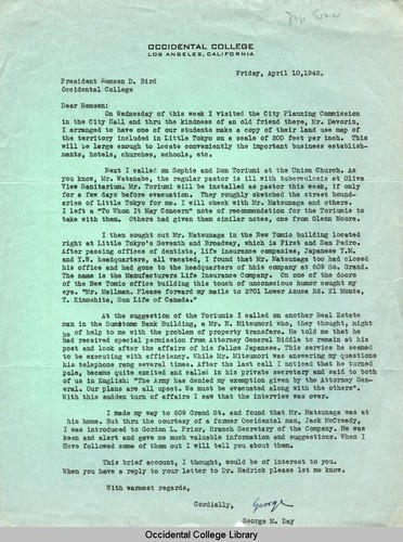 Letter from George Day, Professor of Sociology, Occidental College, to Remsen Bird, April 10, 1942