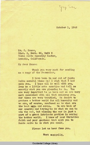 Letter from Remsen Bird to Simpachi Kanow, October 1, 1942