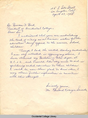 Letter from Edward Kazuya Sanada to Remsen Bird, April 29, 1942