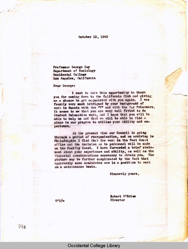 Letter from Robert O'Brien, Director, National Student Relocation Council, to George Day, Professor, Department of Sociology, Occidental College, October 13, 1942