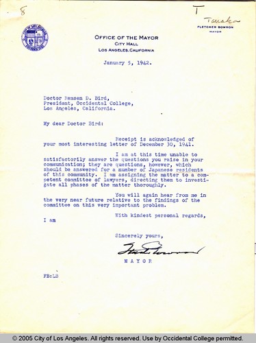 Letter from Fletcher Bowron, Mayor, Los Angeles, to Remsen Bird, January 5, 1942