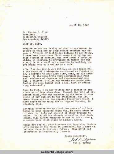 Letter from Ted Tajima to Remsen Bird, April 18, 1942