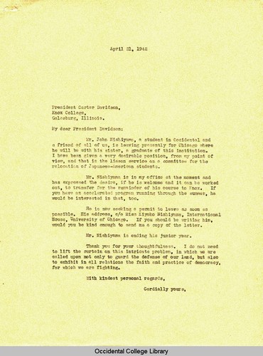 Letter from Remsen Bird to Carter Davidson, President, Knox College, April 21, 1942