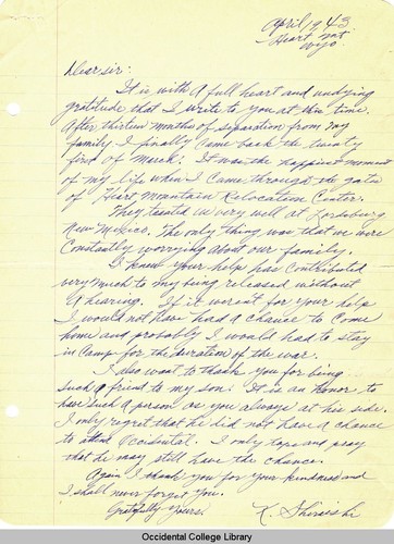 Letter from Kinjiro Shiraishi to "Dear Sir" [Remsen Bird], April 19, 1943