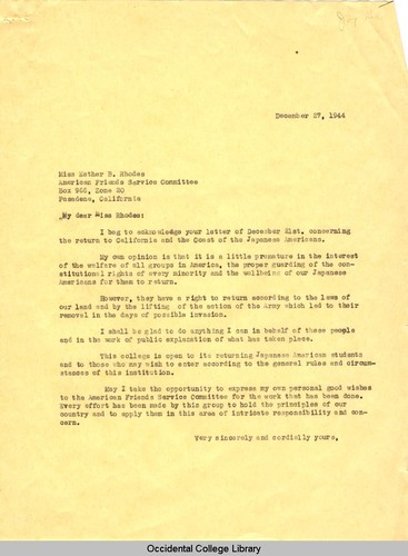 Letter from Remsen Bird to Esther B. Rhodes, Japanese American Committee, Southern California Branch, American Friends Service Committee, December 27, 1944