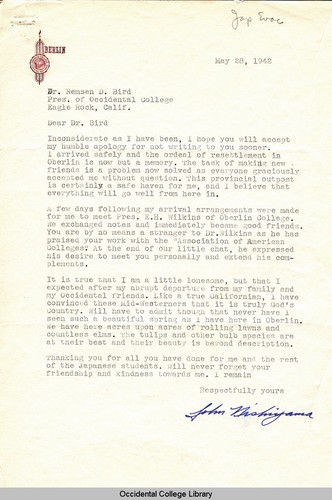 Letter from John Nishiyama to Remsen Bird, May 28, 1942