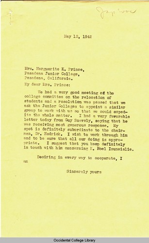 Letter from Remsen Bird to Marguerite K. Prince, Instructor, Pasadena Junior College, May 12, 1942