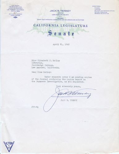 Letter from Jack B. Tenney, Senator, California, to Elizabeth McCloy, April 21, 1943