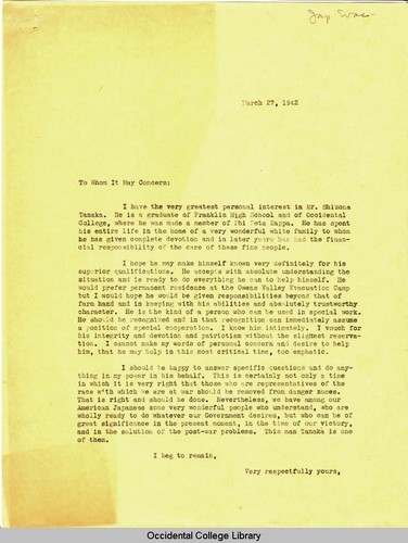 Letter from Remsen Bird to To Whom It May Concern, March 27, 1942