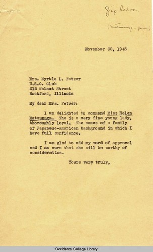 Letter from Remsen Bird to Myrtle L. Fetzer, U.S.O. Club, November 30, 1943