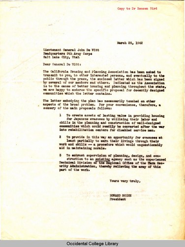 Letter from Howard Moise, President, California Housing and Planning Association, to John L. DeWitt, Lieutenant General, March 25, 1942