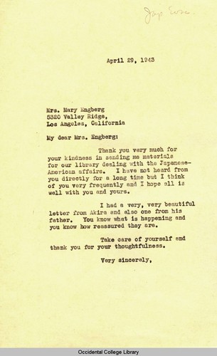 Letter from Remsen Bird to Mary Engberg, Polytechnic High School, April 29, 1943