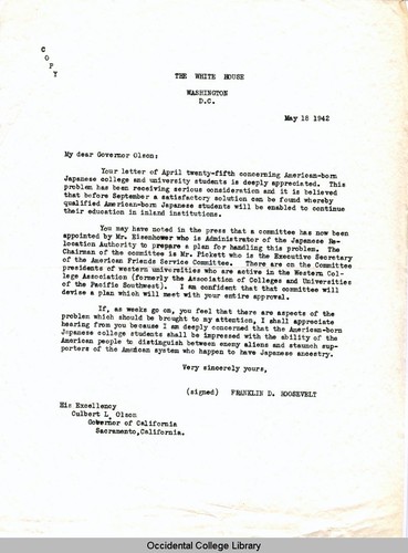 Letter from Franklin D. Roosevelt, President, to Culbert L. Olson, Governor, California, May 18, 1942