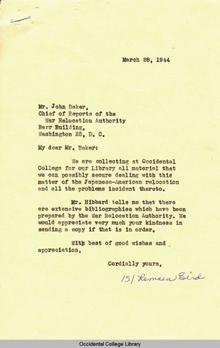 Letter from Remsen Bird to John Baker, Chief of Reports, War Relocation Authority, March 28, 1944