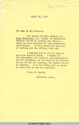 Letter from Remsen Bird to To Whom It May Concern, April 21, 1942