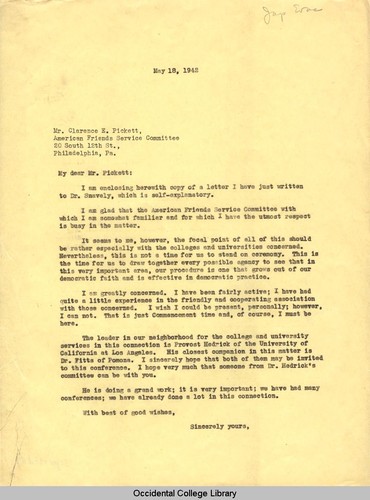 Letter from Remsen Bird to Clarence E. Pickett, Executive Secretary, American Friends Service Committee, May 18, 1942