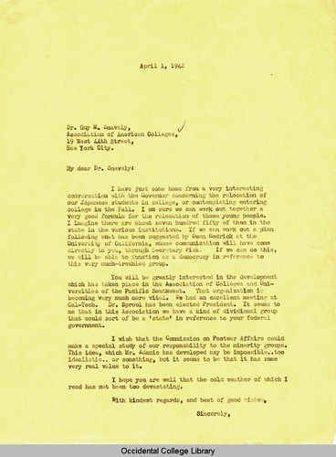 Letter from Remsen Bird to Guy Snavely, Executive Director, Association of American Colleges, April 1, 1942